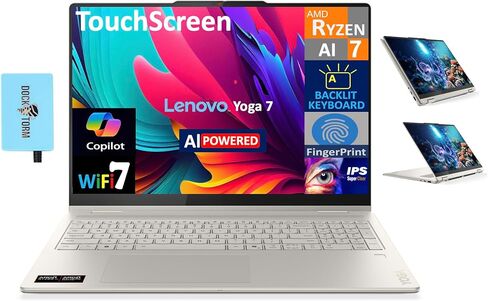 Lenovo Yoga AI Powered 2-in-1 كمبيوتر محمول 16.0 "شاشة تعمل باللمس IPS Wuxga (Amd Ryzen AI 7 350 ، 16GB LPDDR5X ، 1TB M.2 PCIE SSD ، Lacklit KB ، Photeprint ، WIFI 7 ، Win 11 Pro) W/DKZ USB Port Expander in Kuwait