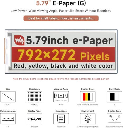 Waveshare 5.79inch E-Paper Display Module, Compatible with Raspberry Pi 5/4B/3B/Zero/Zero W/Zero 2W/Pico/Pico W/Pico WH, 792x272, E-Ink Display, Red/Yellow/Black/White, SPI Interface in Saudi Arabia