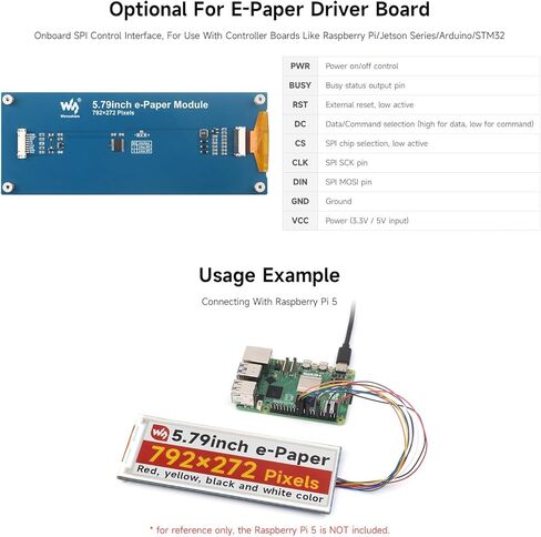 Waveshare 5.79inch E-Paper Display Module, Compatible with Raspberry Pi 5/4B/3B/Zero/Zero W/Zero 2W/Pico/Pico W/Pico WH, 792x272, E-Ink Display, Red/Yellow/Black/White, SPI Interface in Saudi Arabia
