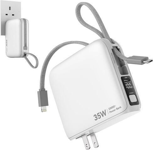 35W شاحن محمول مع شاحن حزمة بطارية سد حزمة الشاحن المحمول PORTABLE POWER BANK 20000MAH [2025 نسخة مطورة] شاحن محمول مع كابل مضمّن في الكابلات USB C & Lightning ، أبيض in Saudi Arabia