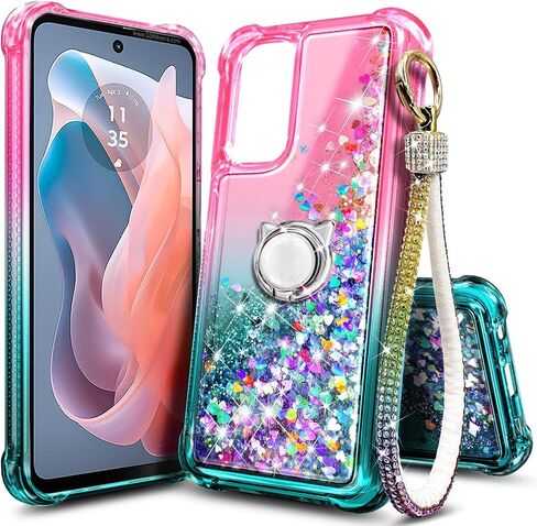 Compatible with Samsung Galaxy A16-5G Phone Case Pink/Aqua | Bling Sparkly Glitter Floating Liquid Waterfall Cute Cover, Women Girls Kids, Ring Holder Grip Diamond Wrist Strap Lanyard in Kuwait