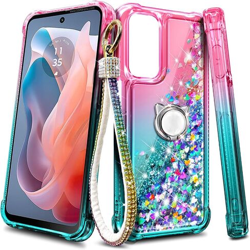 Compatible with Samsung Galaxy A16-5G Phone Case Pink/Aqua | Bling Sparkly Glitter Floating Liquid Waterfall Cute Cover, Women Girls Kids, Ring Holder Grip Diamond Wrist Strap Lanyard in Kuwait