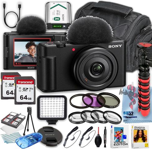 Sony ZV-1F Vlogging Camera + Filters + Case + Cleaning Kit & Cloth + 128GB Memory + Flexible Tripod + LED Square Light (19PC Bundle) (Renewed) in Saudi Arabia