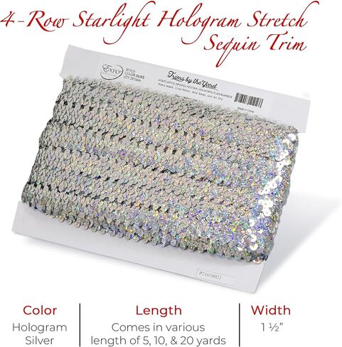 Trims by the Yard 4-Row Starlight Hologram Sequin Stretch Trim، 1 1/2 بوصة ترتر متعدد الاستخدامات للحرف اليدوية، زخرفة ترتر متينة للأزياء والأزياء وديكور المنزل، فضي in Saudi Arabia