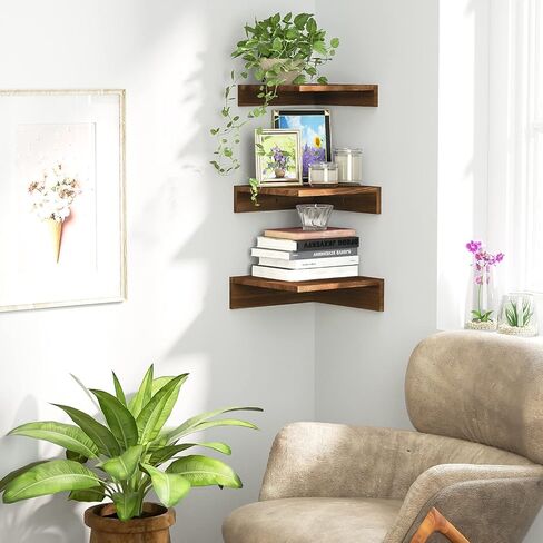 رف حائط زاوية SRIWATANA، أرفف عائمة على الحائط، مجموعة أرفف زاوية من الخشب الريفي مكونة من 3 قطع لغرفة المعيشة وغرفة النوم والمطبخ (أبيض مغسول) in Kuwait