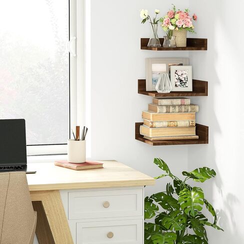 رف حائط زاوية SRIWATANA، أرفف عائمة على الحائط، مجموعة أرفف زاوية من الخشب الريفي مكونة من 3 قطع لغرفة المعيشة وغرفة النوم والمطبخ (أبيض مغسول) in Kuwait