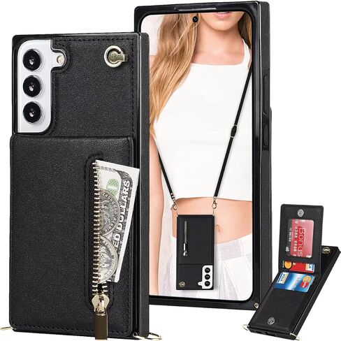 Crossbody Wallet Case for Samsung Galaxy S21+ Plus (Not S21) with Card Holder, Removable Shoulder Lanyard Strap Purse Cover for Samsung Galaxy S21 Plus Zipper Phone Case Black in Kuwait