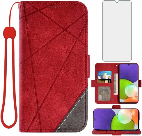 Asuwish Compatible with Samsung Galaxy A22 4G 6.4 inch Wallet Case and Tempered Glass Screen Protector Leather Flip Card Holder Cell Accessories Phone Cover for M32 M22 F22 A 22 22A G4 Women Men Red in Saudi Arabia