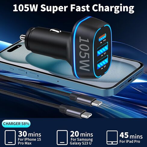 105W USB C Car Charger Adapter 3 Port Super Fast Charging, BAOYUANDA PD3.0 PPS 45W + QC 35W Cigarette Lighter Car USB Charger Multi Port for iPhone 15 14 Max Samsung Galaxy iPad MacBook Pro Air in Kuwait