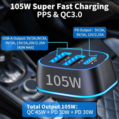 105W USB C Car Charger Adapter 3 Port Super Fast Charging, BAOYUANDA PD3.0 PPS 45W + QC 35W Cigarette Lighter Car USB Charger Multi Port for iPhone 15 14 Max Samsung Galaxy iPad MacBook Pro Air in Kuwait