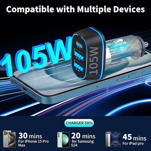 105W USB C Car Charger Adapter 3 Port Super Fast Charging, BAOYUANDA PD3.0 PPS 45W + QC 35W Cigarette Lighter Car USB Charger Multi Port for iPhone 15 14 Max Samsung Galaxy iPad MacBook Pro Air in Kuwait