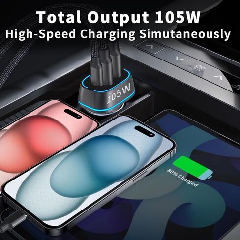 105W USB C Car Charger Adapter 3 Port Super Fast Charging, BAOYUANDA PD3.0 PPS 45W + QC 35W Cigarette Lighter Car USB Charger Multi Port for iPhone 15 14 Max Samsung Galaxy iPad MacBook Pro Air in Kuwait