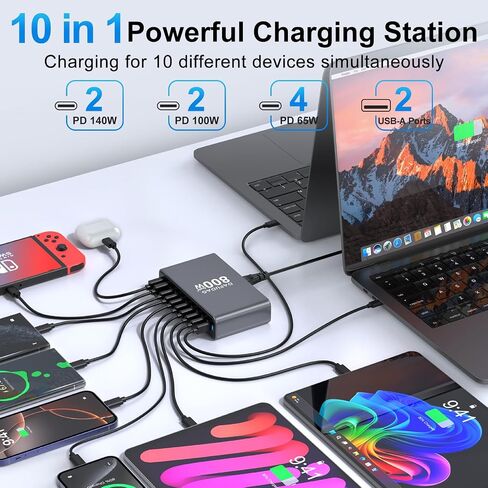 800W USB C Charger ، 140W GAN ACRGER ، 10-PORT 100W/65W محطة شحن سريعة متوافقة مع MacBook Pro 16 ، HP ، ASUS ASUS ، iPad ، iPhone 16 Pro Max/15 ، Samsung Galaxy S24/S23 ، Steam Deck وأكثر من ذلك in Saudi Arabia