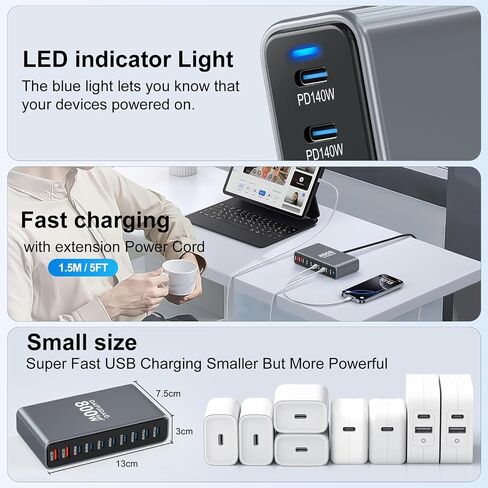 800W USB C Charger ، 140W GAN ACRGER ، 10-PORT 100W/65W محطة شحن سريعة متوافقة مع MacBook Pro 16 ، HP ، ASUS ASUS ، iPad ، iPhone 16 Pro Max/15 ، Samsung Galaxy S24/S23 ، Steam Deck وأكثر من ذلك in Saudi Arabia