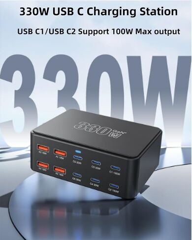 USB C Charging Station 330W, USB C Charger Charging Hub 10 Power Port for Multiple Devices with PD 100W 65W 30W QC3.0 18W Fast Charging Power Stock Station for iPhone 15, iPad Air/Pro, Galaxy in Saudi Arabia