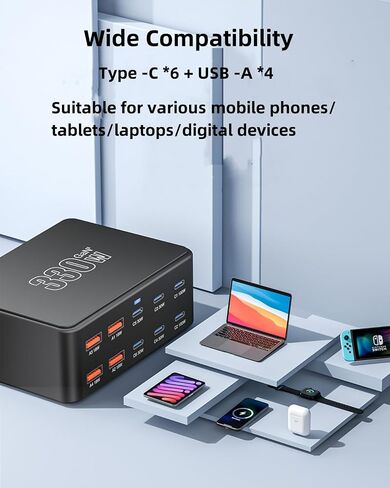 USB C Charging Station 330W, USB C Charger Charging Hub 10 Power Port for Multiple Devices with PD 100W 65W 30W QC3.0 18W Fast Charging Power Stock Station for iPhone 15, iPad Air/Pro, Galaxy in Saudi Arabia