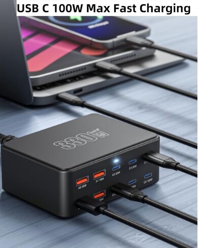 USB C Charging Station 330W, USB C Charger Charging Hub 10 Power Port for Multiple Devices with PD 100W 65W 30W QC3.0 18W Fast Charging Power Stock Station for iPhone 15, iPad Air/Pro, Galaxy in Saudi Arabia