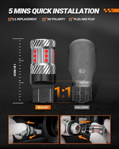 SEALIGHT [2023 New Upgrade] 7440 7443 LED Brake Lights Bulbs, Red Flashing Stop Bulbs, Super Bright T20 W21W 7441 7444 LED Lights with Projector Lenses for Stop Blinker Tail Brake Lights, Pack of 2 in Kuwait