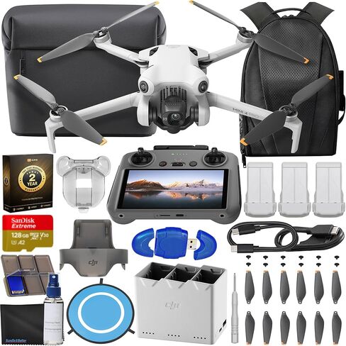 DJI Mini 4 Pro Drone Fly More Combo Plus with RC 2 Controller (With Screen) Folding Drone with 4K Video, Under 249g, 45 Mins Flight Time, Vision Sensing 3 Batteries Bundle with 128GB Memory Card, CPS 2 Year Warranty + Pilot Kit in Saudi Arabia