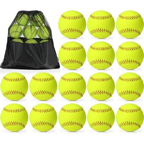 16 Pack Sports Practice Softball with Mesh Bag, Official Size and Weight Slowpitch Softball, Unmarked Leather Covered Youth Fastpitch Softball Ball Training Ball for Game Training