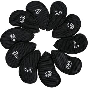 10pcs/Pack Meshy Iron Covers for Golf Clubs Black Golf Iron Covers with Strong Magic Tape Closure,Fit Most Irons