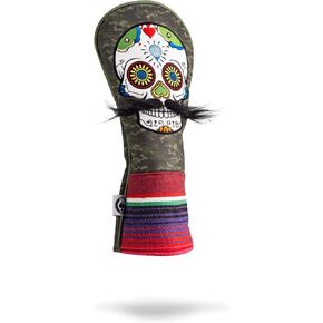 Pins & Aces LE Sugar Skull Mustache Fairway Wood Head Cover - Premium, Hand-Made Leather 3W or 5W Headcover - Funny, Tour Quality Golf Club Cover - Style and Customize Your Golf Bag