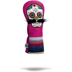 Pins & Aces LE Sugar Skull Mustache Fairway Wood Head Cover - Premium, Hand-Made Leather 3W or 5W Headcover - Funny, Tour Quality Golf Club Cover - Style and Customize Your Golf Bag