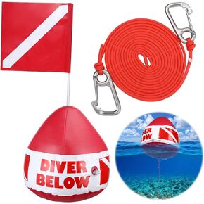 Maitys Heavy Duty PVC Dive Flag Float Freediving Rope Set Inflatable Signal Floater with Dive Flag Freediving Lanyard Leash for Snorkeling Water Sport Signaling Swimming Boating Fishing