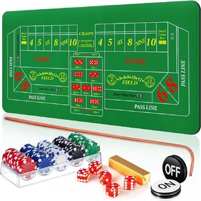 Craps Tabletop Game Set, Includes 35" x 70" Rubber Craps Tabletop Layout Mat, 36" Craps Rattan Stick, Casino Grade AAA 19mm Dice, 3 Inch On/Off Buttons and 100 Pcs Poker Chips with Case