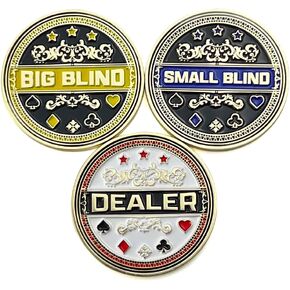 Luck Lab Set of 3 Metal Poker Buttons - Dealer Button, Big Blind and Small Blind Metal Weights (Position Markers) for Texas Hold Em - 1.75 inch