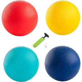 New Bounce Playground Balls for Kids - Set of 4 Rubber Bouncing Balls Plus Pump & 2 pins - Regulation Size for Dodgeball and More - Durable, Inflatable 8.5" Game Kickballs