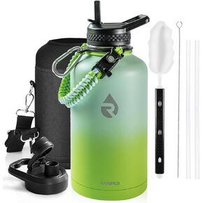 Insulated Water Bottle 32 oz, Triple Wall Vacuum Stainless Steel (Cold for 48 Hrs), Leak Proof & Non-BPA, Modern Water Flask Jug with Paracord Handle & Straw Spout Lids, Cyan Blue