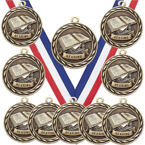 Express Medals Various 10 Pack Styles of Reading Award Medals with Neck Ribbons Trophy Award Prize Gift