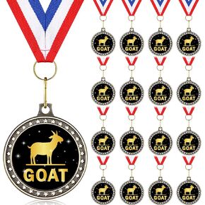 16 Pcs Greatest of All Time Champ Medal with Neck Ribbon G. O. A. T. Pendant Medal Award Funny Recognition Football Medals MVP Necklace Fantasy Sports Award for Tournament League Champion