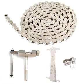 Single Speed Bike Chain Repair Kit Include Bicycle Chain Single Speed Fully Plated 1/2 x 1/8 Inch 114 Links/Chain Breaker/Chain Checker/1 Pairs Bicycle Missing Link，Reusable（Silver）