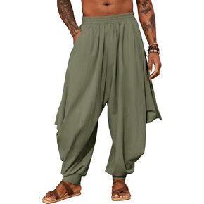 PASLTER Mens Harem Pants Linen Yoga Beach Baggy Summer Boho Aladdin Genie Pants