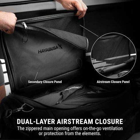 حقيبة رياضية Hayabusa Airstream رياضية للنساء والرجال - سوداء، حقيبة واق من المطر سعة 50 لتر - 7 جيوب بسحاب، جيدة للسفر، الملاكمة، الفنون القتالية المختلطة، BJJ، الكيك بوكسينغ، الملاكمة التايلاندية، المصارعة، القفازات/مقصورة الأحذية in Saudi Arabia