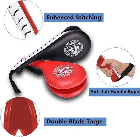 وسادات ركل التايكوندو، مجاديف تدريب أهداف الركل TKD المتينة، وسادات ضربة مزدوجة لتدريب الكيك بوكسينغ والكاراتيه (النمط 2، أسود + أحمر، قطعتان) in Kuwait