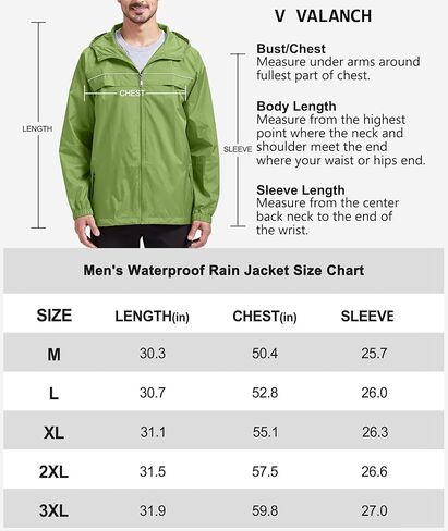 سترة المطر الرجالية V VALANCH مقاومة للماء وخفيفة الوزن مع غطاء رأس معطف واق من المطر للاستخدام في الهواء الطلق للمشي لمسافات طويلة والجري والسفر in Kuwait