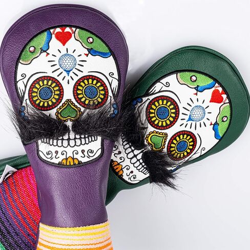 Pins & Aces LE Sugar Skull Mustache Fairway Wood Head Cover - Premium, Hand-Made Leather 3W or 5W Headcover - Funny, Tour Quality Golf Club Cover - Style and Customize Your Golf Bag in Saudi Arabia
