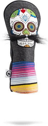 غطاء رأس خشبي من Pins & Aces LE Sugar Skull Moustache Fairway - غطاء رأس مصنوع يدويًا من الجلد الفاخر بقدرة 3 وات أو 5 وات - غطاء نادي جولف مضحك بجودة عالية - قم بتصميم وتخصيص حقيبة الجولف الخاصة بك in Kuwait