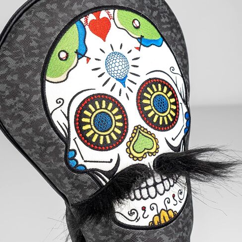 غطاء رأس خشبي من Pins & Aces LE Sugar Skull Moustache Fairway - غطاء رأس مصنوع يدويًا من الجلد الفاخر بقدرة 3 وات أو 5 وات - غطاء نادي جولف مضحك بجودة عالية - قم بتصميم وتخصيص حقيبة الجولف الخاصة بك in Kuwait