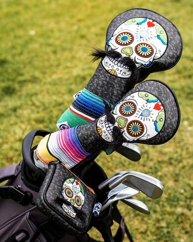 غطاء رأس خشبي من Pins & Aces LE Sugar Skull Moustache Fairway - غطاء رأس مصنوع يدويًا من الجلد الفاخر بقدرة 3 وات أو 5 وات - غطاء نادي جولف مضحك بجودة عالية - قم بتصميم وتخصيص حقيبة الجولف الخاصة بك in Kuwait