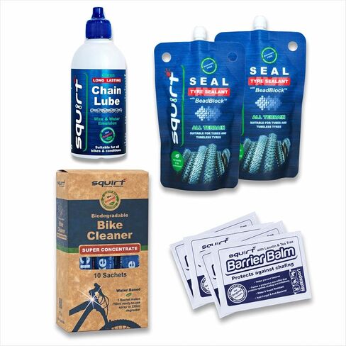 Squirt Bike Care Gift Box - Long-Lasting Bike Chain Lube (120ml), Bike Cleaner Sachets for all Bike Parts, Tire Sealant Pouches (120ml), Barrier Balm Sachets for Anti Chafing - Bike Care Kit in Kuwait