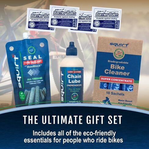 Squirt Bike Care Gift Box - Long-Lasting Bike Chain Lube (120ml), Bike Cleaner Sachets for all Bike Parts, Tire Sealant Pouches (120ml), Barrier Balm Sachets for Anti Chafing - Bike Care Kit in Kuwait