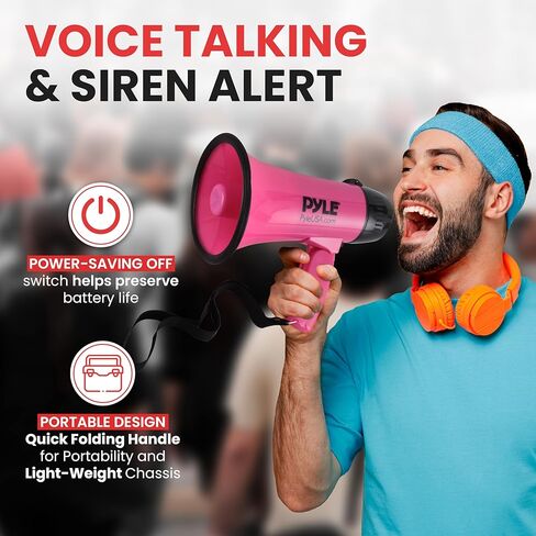 PYLE-PRO Portable Megaphone Speaker Siren Bullhorn - Compact and Battery Operated with 20 Watt Power, Microphone, 2 Modes, PA Sound and Foldable Handle for Cheerleading and Police Use PMP24PK (Pink) in Kuwait