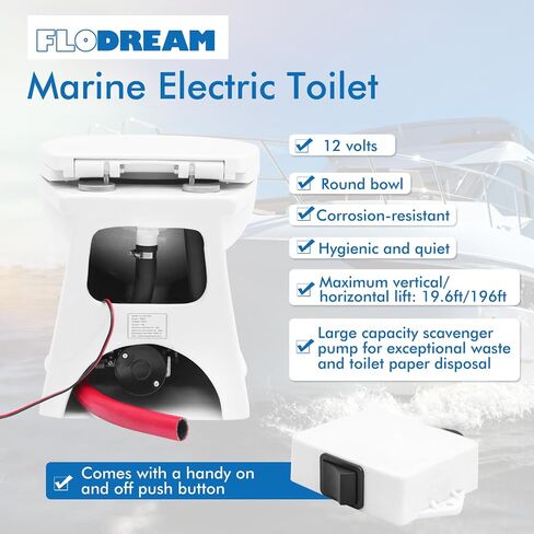 Electric Marine Toilet, RV Toilet, Boat Toilet, Compact Design Bowl, Heavy-Duty Built-in Macerator Pump with On-Off Flush Control Switch, Quite Soft Closing Seat Included, 12V DC in Saudi Arabia