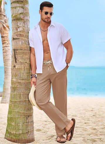 JMIERR Mens Casual Linen Pants Loose Fit Straight Legs Elastic Waist Trousers Summer Beach Yoga in Saudi Arabia
