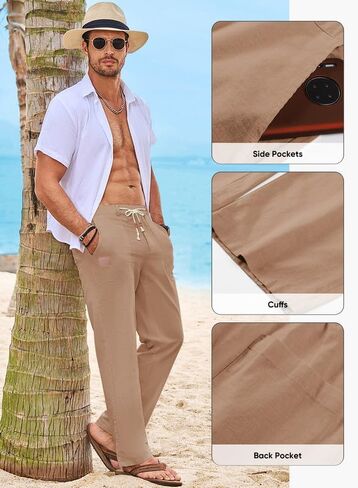 JMIERR Mens Casual Linen Pants Loose Fit Straight Legs Elastic Waist Trousers Summer Beach Yoga in Saudi Arabia