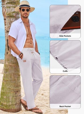 JMIERR Mens Casual Linen Pants Loose Fit Straight Legs Elastic Waist Trousers Summer Beach Yoga in Saudi Arabia